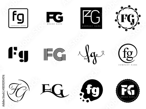 FG logo company template. Letter f and g logotype. Set different classic serif lettering and modern bold text with design elements. Initial font typography.