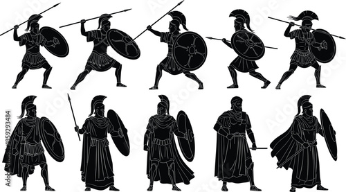 Ancient Greek warrior silhouettes vector, traditional armor and weapons, black and white illustration, historical combat poses, classical military artwork, spear and shield