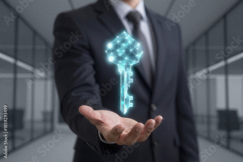 Businessman holding holographic digital key in office