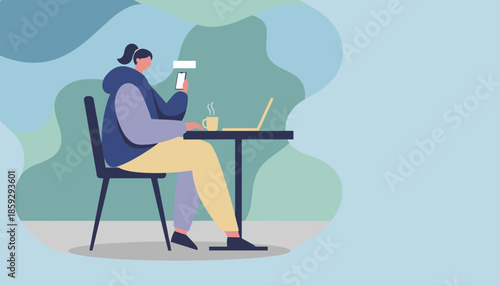 Digital nomad working remotely Woman checking smartphone near a laptop and coffee cup Flat vector art