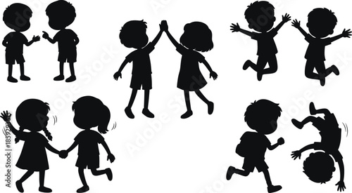 Children silhouette activity set, playful kids poses running jumping holding hands illustration isolated white background vector design education playtime concept