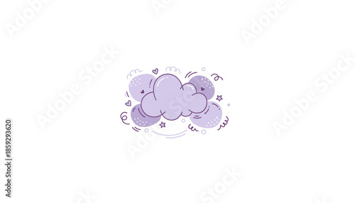 Adorable purple dreamy cloud illustration with hearts stars and doodles Whimsical design concept