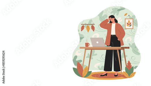 Burnout in a cozy autumn home office Woman experiencing work stress and fatigue