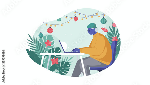 Senior working remotely on a laptop surrounded by lush tropical plants and festive holiday decor