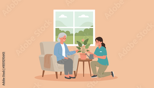 Happy caregiver tends to a houseplant for a smiling senior woman in a bright room