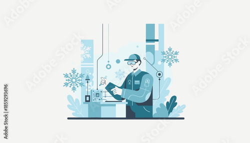 Engineer repairs technical cooling equipment surrounded by stylized blue winter snowflakes