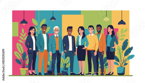 Diverse smiling business team portrait in a colorful modern office with plants Successful collaboration