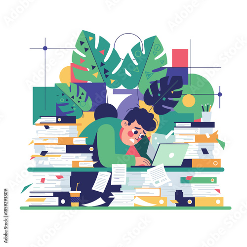 Stressed worker buried under mountains of documents and files typing on laptop Workload deadline and burnout concept