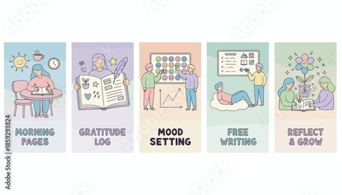 Selfcare and mental health routines including journaling gratitude logging mood tracking reflection and writing