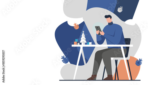 Man sitting at desk with phone and Christmas decorations illustrating holiday season technology use
