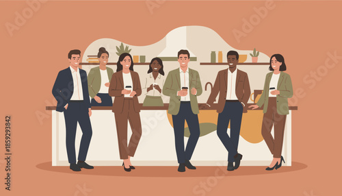 Smiling business colleagues enjoying a coffee break in the modern office breakroom