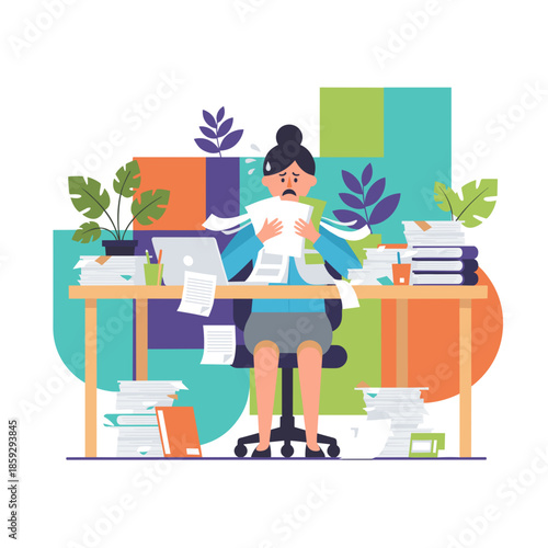 Overwhelmed businesswoman stressed by excessive paperwork and workload pressure in office