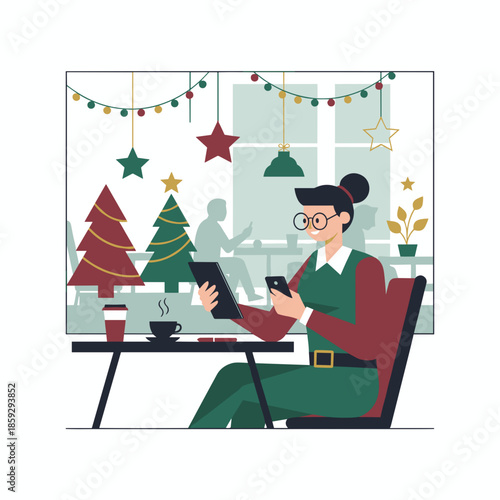 Holiday remote work Woman using tablet and phone in a festive cafe setting