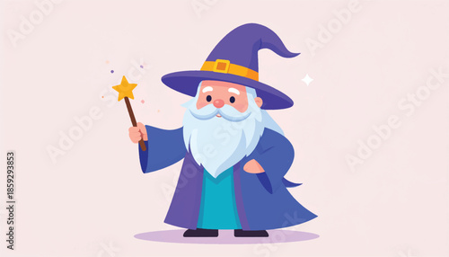 Cartoon Wizard with Magic Wand Casting a Spell Illustration.