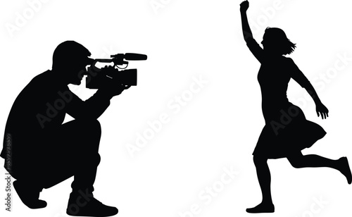 Cameraman filming dancing woman silhouette, videography action scene, male video operator recording motion, people activity concept, isolated black figures, flat vector illustration