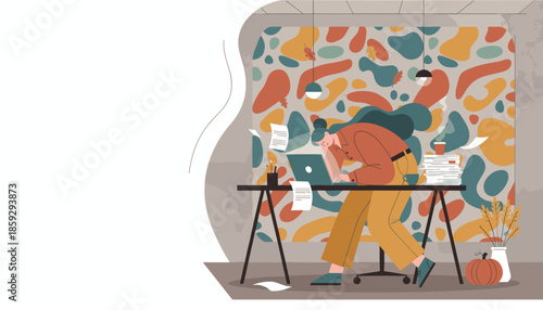 Woman overwhelmed by deadlines intensely working on laptop in a cluttered autumnal office