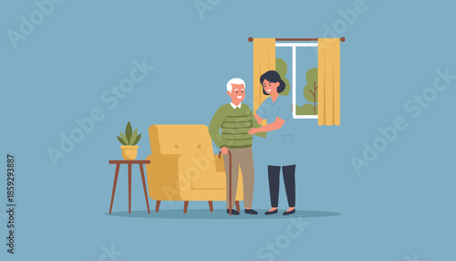 Nurse aids smiling senior man with cane at home Elder care and support concept