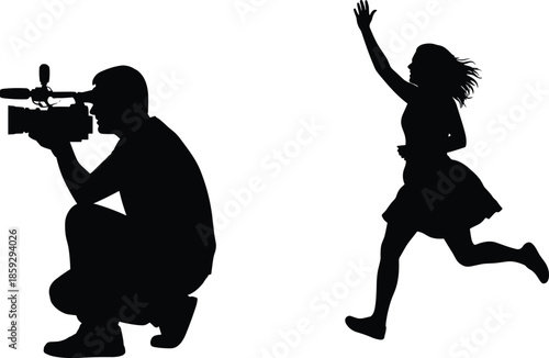 Silhouetted cameraman filming, running woman, dynamic motion, black figures, white background, media production, storytelling concept, vector illustration, action scene, documentary style