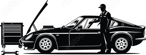 Classic car mechanic repairing vintage vehicle, open hood engine inspection, automotive repair workshop scene, tool chest and wrench, technician in uniform