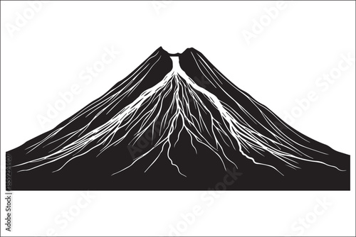 Minimalist Black and White Volcano Vector Illustration with Intricate Lava Flows
Bold Stylized Volcano Eruption Silhouette for Logo, Tattoo, and Poster Design