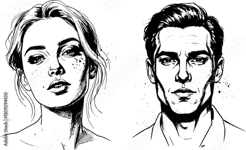 Pencil drawn people set. portrait woman man monochrome, stroke sketch line drawing ink variety vector illustration