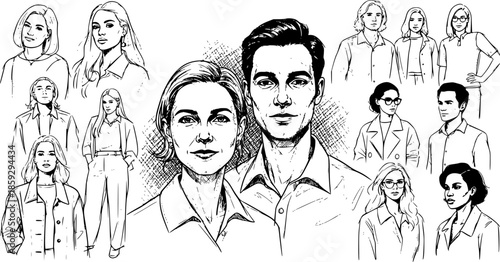 Pencil drawn people set. portrait woman man monochrome, stroke sketch line drawing ink variety vector illustration