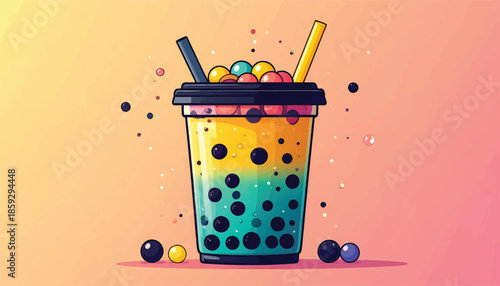 Colorful Bubble Tea Illustration with Tapioca Pearls and Straws.