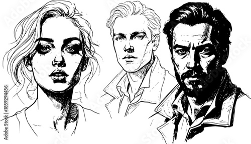 Pencil drawn people set. portrait woman man monochrome, stroke sketch line drawing ink variety vector illustration