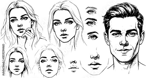 Pencil drawn people set. portrait woman man monochrome, stroke sketch line drawing ink variety vector illustration