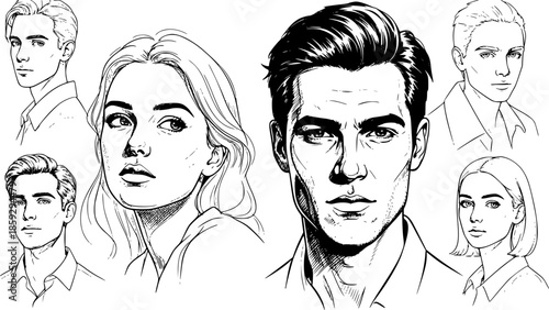 Pencil drawn people set. portrait woman man monochrome, stroke sketch line drawing ink variety vector illustration