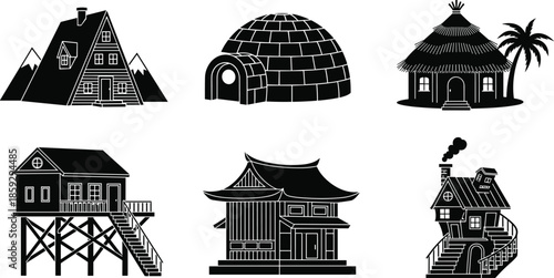 Cultural house silhouettes vector, global architecture styles, traditional homes, black and white illustration, diverse dwellings, climate-adapted structures, ethnic housing artwork