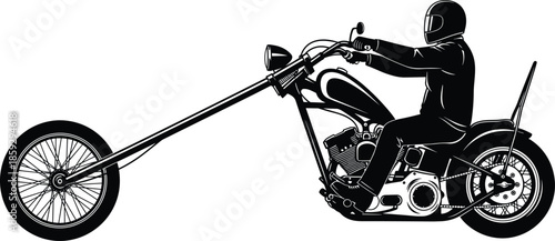 Custom chopper motorcycle vector, biker riding illustration, extended fork design, helmeted rider silhouette, black and white sketch, vintage motorbike art