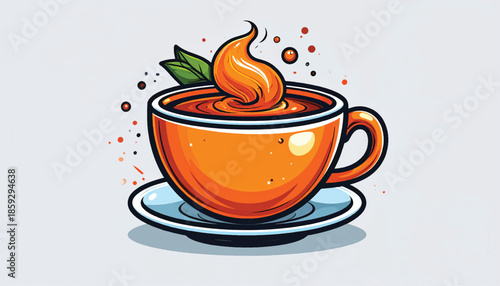 Vibrant Orange Cup of Tea with Swirling Liquid and Green Leaves.