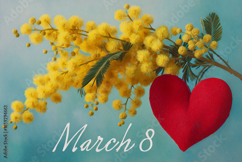 Mimosa and Heart March 8 Greeting. Yellow mimosa with a red heart on a blue background. Ideal for International Women's Day or spring celebration designs.