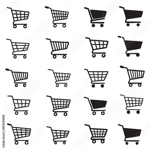Collection of various shopping cart icons in different styles and perspectives