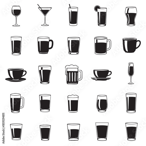 Collection of Various Beverage Glasses and Mugs in Black and White Style
