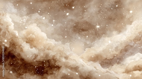 Sepia-toned watercolor artwork of fluffy clouds with sparkling stars in the night sky