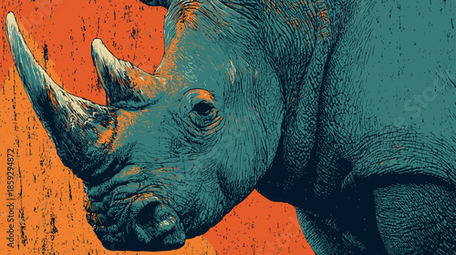 Detailed Rhino Head Illustration with Intricate Skin Texture and Horns
