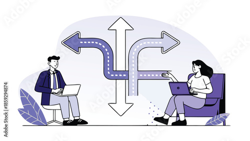 Two professionals choosing between multiple paths with laptops discussing decisions and options