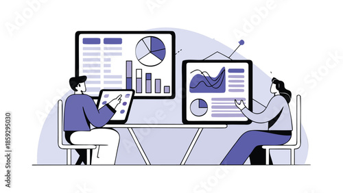 Two people analyzing e commerce performance on multiple screens with graphs and charts in a modern office setting for business strategy and data