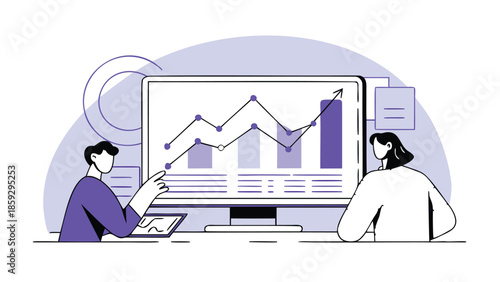 Business analysts discussing data on a computer screen with graphs and charts, insight discovery moment, pair of analysts collaborating