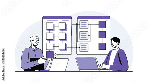 Two business planners align operations workflow on laptops with purple flowchart diagrams