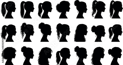Collection of female hair silhouette profile icons with various hairstyles including ponytails buns wavy long hair and braids for beauty design