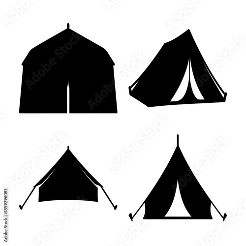 Collection of various camping tent silhouettes for outdoor adventure and temporary shelter