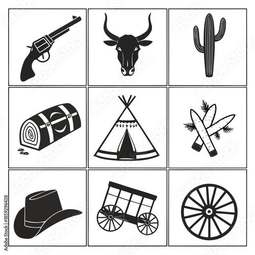 a collection of nine black and white icons depicting elements of the american old west including revolvers cacti and wagons high quality professional detailed modern elegant