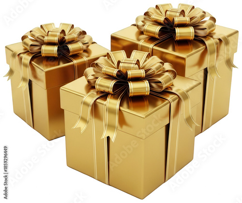 Three shiny golden gift boxes with ornate bows isolated on transparent background