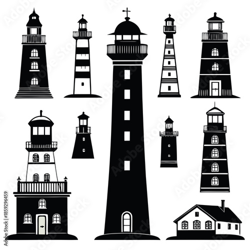 a collection of black and white illustrations depicting various lighthouse designs alongside a small coastal cottage building high quality professional detailed modern elegant stylish clean crisp