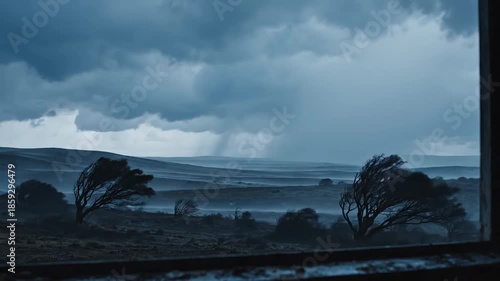 Dramatic rain streaks down a grimy window overlooking a stormy rural landscape with distant hills and trees