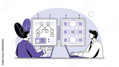 Two business planners analyze supply chain optimization strategies on computers with flowcharts and graphs