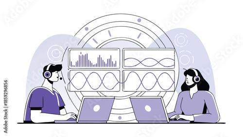 Two operators wearing headsets observing multiple screens with graphs and charts while working on laptops in a monitoring desk setup